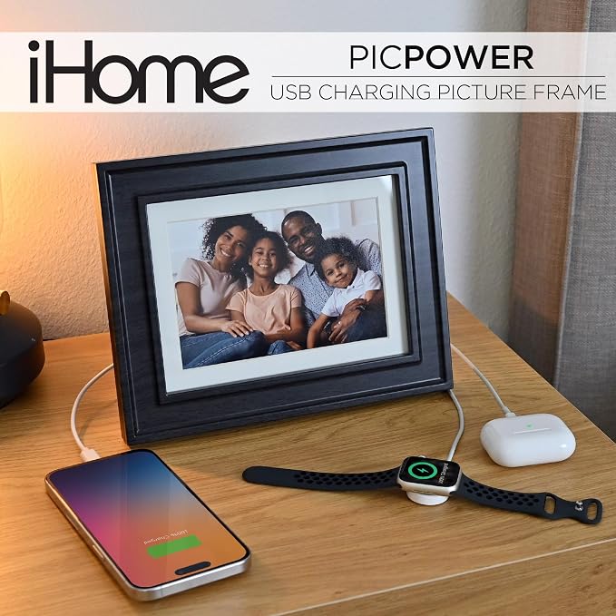 iHome Picture Frame with 3 USB Chargers, Photo Frame Accommodates 5x7 or 4x6 Photos (iPF30)