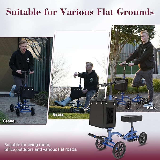 Lightweight Knee Scooter Crutch Alternative, Foldable & Adjustable Knee Scooter for Adults for Foot Surgery, Steerable Knee Walker with Detachable Storage Basket, Includes DIY Stickers-Blue