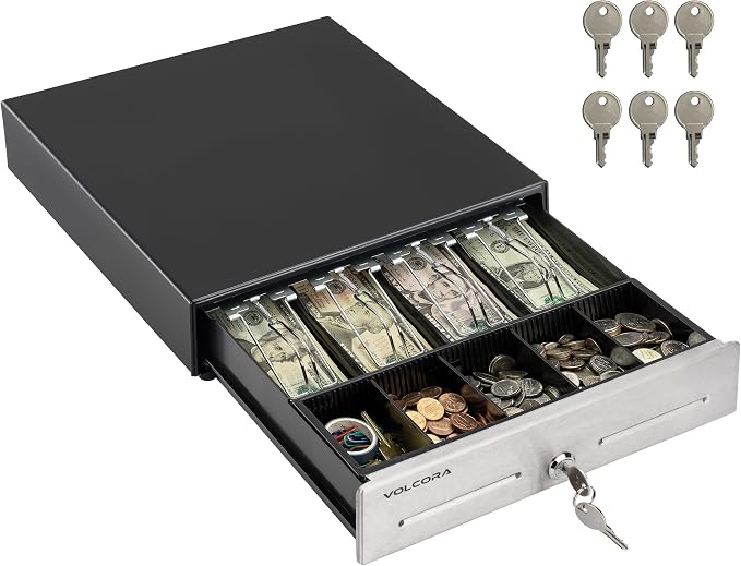 Volcora 13" Cash Register Drawer for Point of Sale (POS) System, 4 Bill 5 Coin Cash Tray, Black and Stainless Steel Front Cash Drawers, Removable Coin Compartment, 12-24V, RJ11/RJ12 Key-Lock