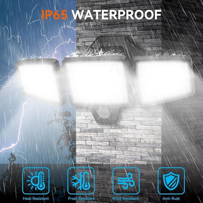 LED Security Lights Motion Sensor Outdoor Lights, 6500K Daylight, IP65 Waterproof, Dusk to Dawn, 3-Head Motion Detected Flood Light for Garage, Yard, Porch, 2Pack