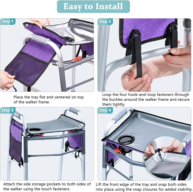 BAGSFY Walker Tray with Cup Holder & Side Pocket – Hard Top Walker Table for Seniors – Folding Walker Accessory for Meals, Reading, Drinks – Non-Slip Surface, Tool-Free Install, Universal Fit