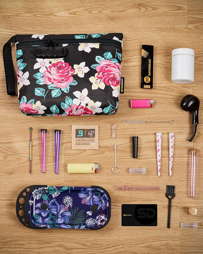 Smell Proof Bag, Odor Proof Bag with Combination Lock, Durable Smell Proof Container with Carbon Lining, Secure Odorless Travel Pouch for Home & On-the-Go (Flower)