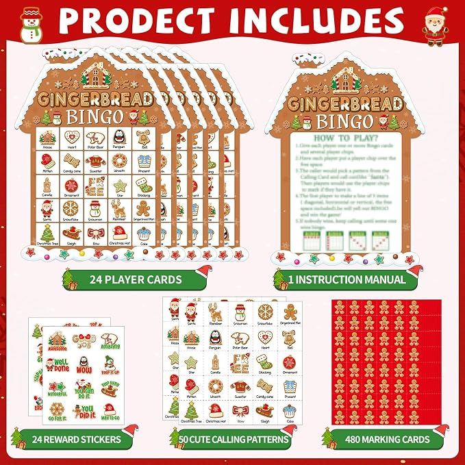 39Pcs Christmas Gingerbread Themed Bingo Game for Kids Adults 24 Players Christmas Baking Game Cards with Reward Stickers for Family Friends Students Large Group Activities Winter Holiday Party Favors