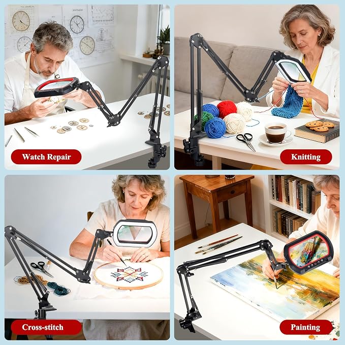 12X Square Magnifying Glass with Light and Clamp, Solder Helping Hand | Workbench Lighted Magnifier, 3-Section Swing Arm, 5 Colors Stepless Dimmable LED Desk Lamp with Stand for Hobby Repair Craft