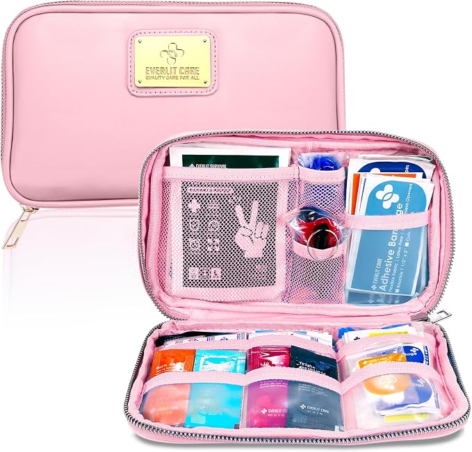 EVERLIT CARE Car First Aid Kit with Emergency Supplies Survival Gear Including Window Breaker Disposable Urine Bag Mountable Survival Kit for Family Travel in Car (Pink)