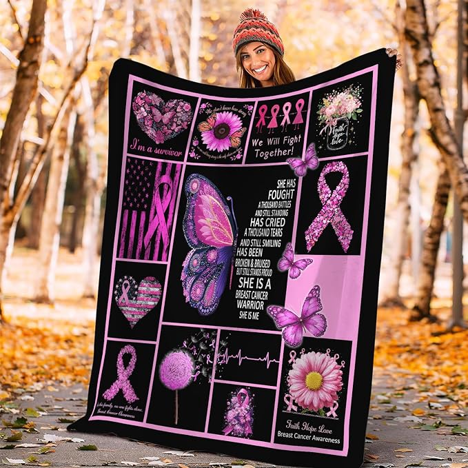 Breast Cancer Awareness Blanket Chemo Pink Ribbon Flannel Plush Throw Blanket Cozy Inspirational Warrior Decor Fleece Stuff Blanket Gifts for Lover Girls Boys Kids Adults Women Bed Travel 50"x60"