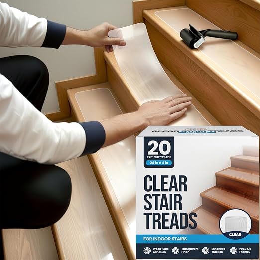 Clear Non Slip Stair Treads for Wooden Steps Indoor (20 Pack) - 24” x 4” Wide Transparent Stair Treads Non Slip, Self Adhesive Indoor Safety Strips for Wood Stairs, Stair Grips for Elderly