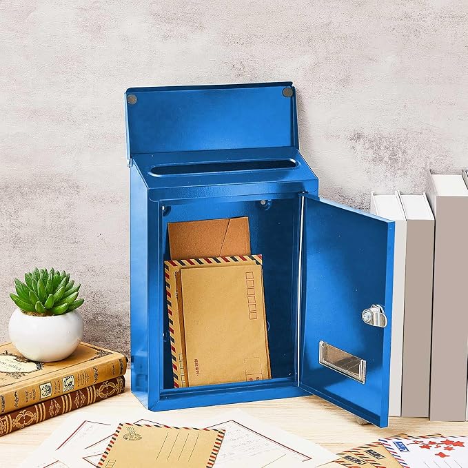 Amylove Weatherproof Mail Boxes with Key Lock, Security Locking Wall Mount Metal Mailbox with Slot for Outside, Large Capacity for Mail, Packages, Donations, Voting 11.8" H x 8.3" L x 2.8" W, Blue
