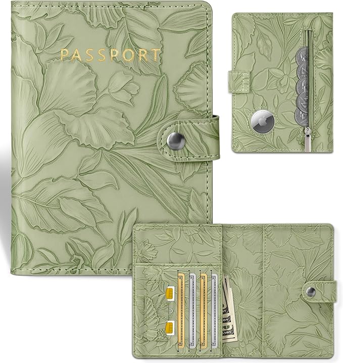 Slohif Elegant RFID Passport Holder for Travel with AirTag Sage Green | Floral Embossed Passport Wallet for Women, Slim Vegan Leather Travel Organizer with Money Pocket and Card Slots