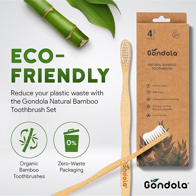 Gondola Organic Bamboo Toothbrushes Adults - 4 Count (Pack of 1) - Soft Bristles - Wood Toothbrush for Adults - Set for Sensitive Gums for Gentle Cleaning