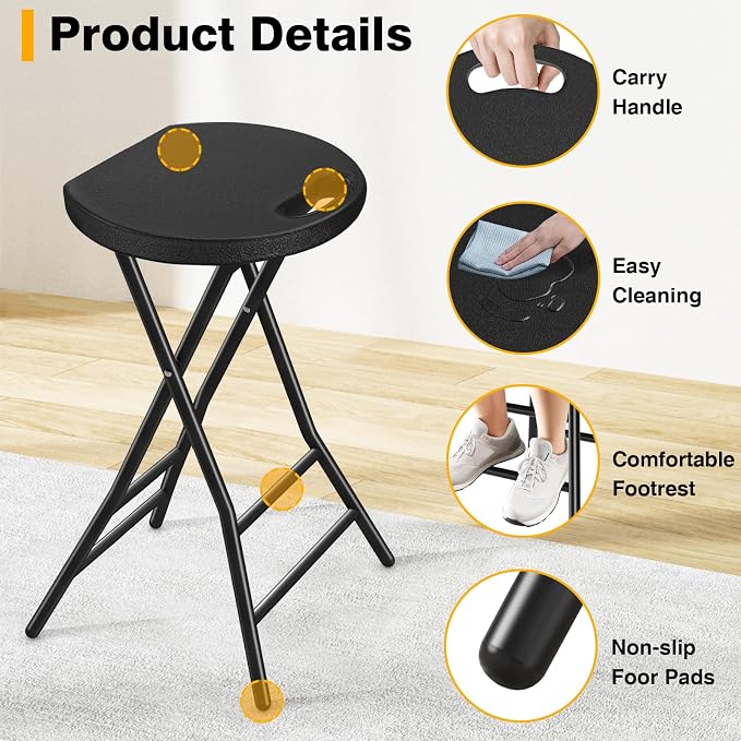 Portable Folding Chair with Handle, Heavy Duty Round Fold Stool Chair | 550lbs Capacity for Adults, 24 Inch Foldable Stool for Dorm, Kitchen, Vanity, Church and Outdoor use