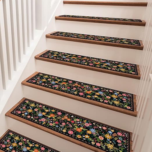 Black Floral Stair Treads 15 Pack Non Slip Stair Runner | 15PCS Black Floral Stair Runners Non Slip Indoor 8x30 Inch, Washable Carpet Rugs, Silicone Backing Kids Elders Dogs