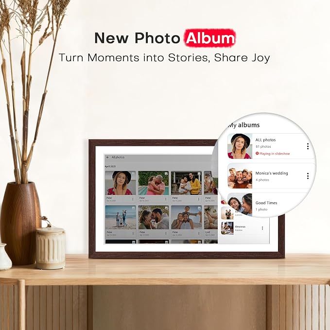 Frameo 15.6 inch Digital Picture Frame WiFi Wood, 1920 * 1080 IPS FHD Touchscreen Large Digital Photo Frame, 32GB Storage, Instant Share Photo Video, Wall-Mountable & Tabletop Display, Gift for Mom