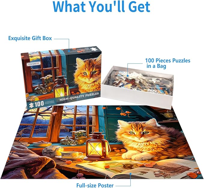 100 Piece Puzzles for Kids Reading Cat 100 Piece Puzzles for Adults, Cute Kitten 100 Pieces Puzzle for Kids Ages 4-8, Cozy Retreat Puzzle for Seniors Teens Brain Teaser