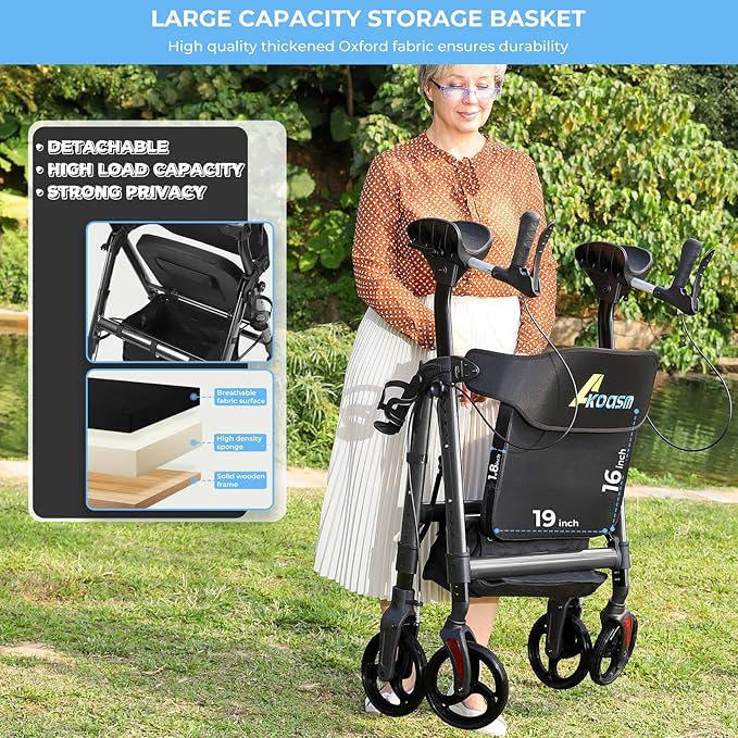 Heavy Duty Upright Walker, Rollator Walkers for Seniors, Foldable Stand Up Rolling Walker with Seat, Adjustable Padded Seat and Handle, Aluminum, All-Terrain Wheels, 450 Lb. Weight Capacity, Grey