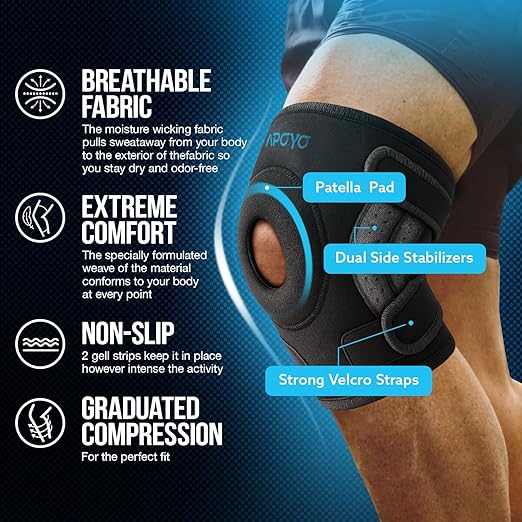 APOYO Knee Brace for Women & Men - Knee Compression Sleeve For Knee Pain Relief, Meniscus Tear, ACL, Arthritis, Joint Pain Relief, with Patella Gel Pad & Side Stabilizers (Medium) Blue
