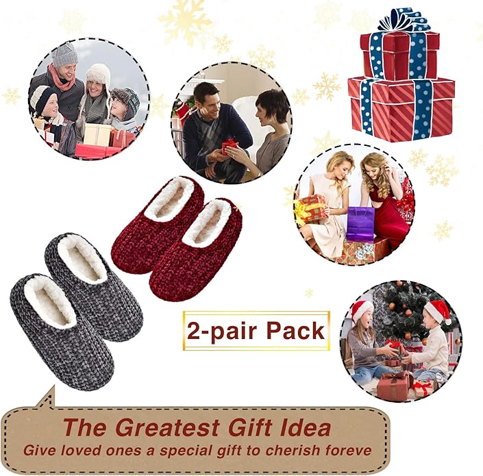 cosyone1997 2-Pair Thick Warm Fuzzy Slippers for Women Indoor Fluffy Sherpa Lined, Winter House Shoe Socks Non-Slip Soft Soles, Cozy Christmas Gifts