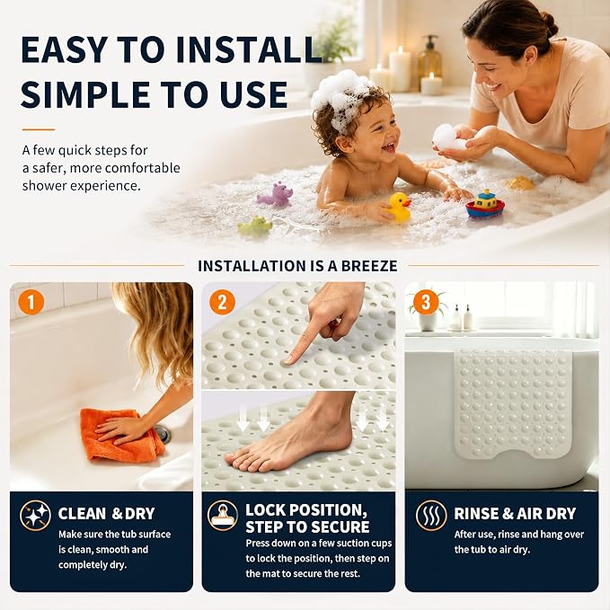 Yimobra Non Slip Bathtub Mat 40 x 16 Inch, Extra Long Shower Mat with Drain Holes, Machine Washable Baby Bath Mats, Strong Suction Cups for Bathroom Floor, Beige