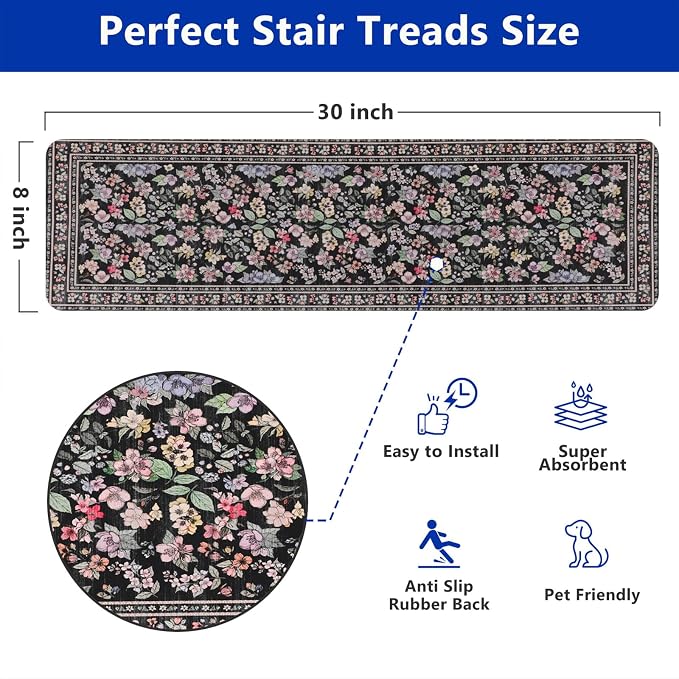 Vintage Floral Stair Treads Non Slip Carpet Stair Treads for Wooden Steps Indoor 15PCS 30"x8" Stair Runner Stair Mats Safety Staircase Step Treads for Elders Kids Dogs Light Black