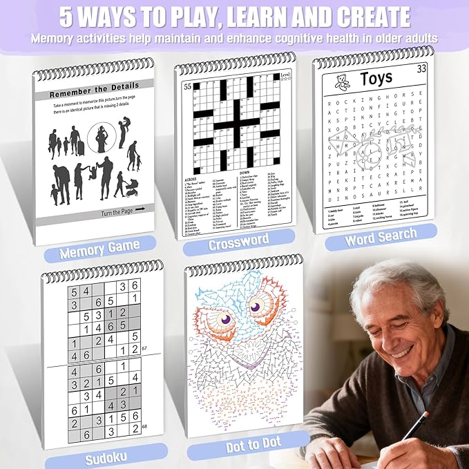 Vashly Large Print 300+ Memory Activities for Seniors: 5-in-1 Set Brain Exercise Books with Sudoku, Crossword, Word Hunt, Dot to Dot, A4 Thick Paper Spiral Bound, Gift for Elderly Adults