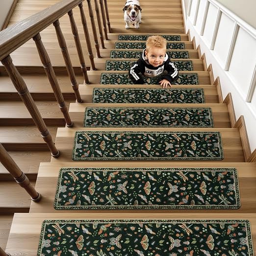 OJIA Insect Stair Treads Non Slip Stair Runners for Wooden Steps 15PCS | 8"x30" Carpet Stair Treads for Wood Stairs Indoor Rubber Backing Staircase Step Treads for Kids & Dogs, Stair Covers, Black