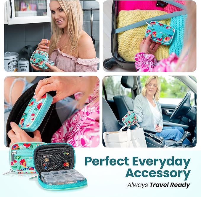 Made Easy Kit Pill Case - Weekly Medicine Organizer with Removable Seven-Day Vitamin & Supplement Box - Premium Neoprene for Travel Purse Accessory (Teal)