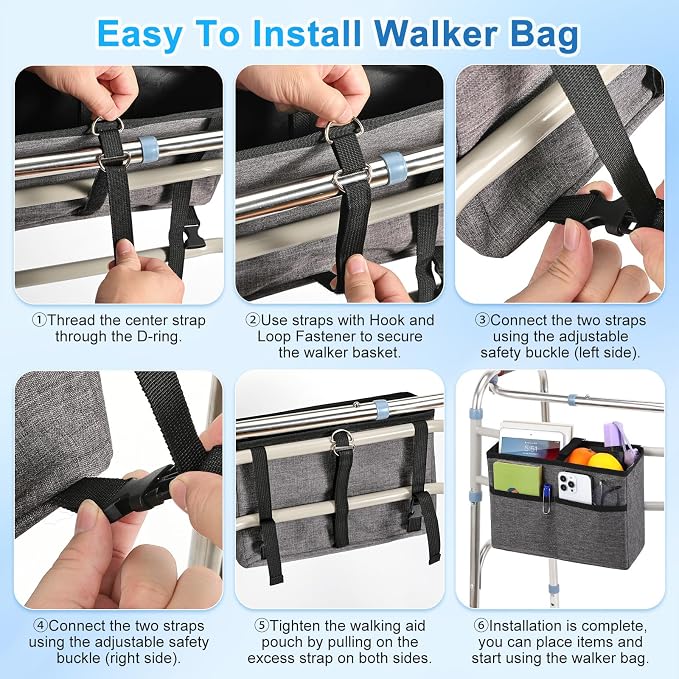 Rhino Valley Walker Basket for Walkers Accessories for Seniors,Gray | Basket for Walkers with Multi Pockets, Hand-free Carry Pouch Storage Bag Walker Accessories for Universal Walkers for Seniors