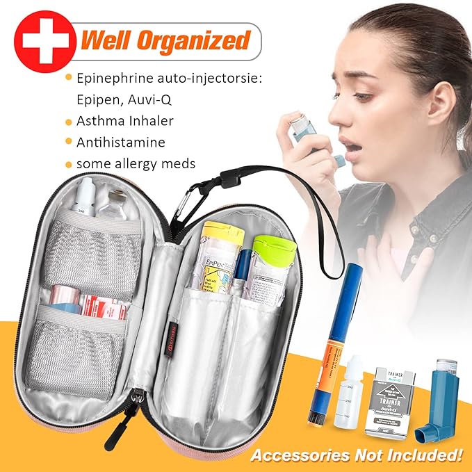 SITHON EpiPen Medical Carrying Case Insulated, Travel Medication Organizer Bag Emergency Medical Pouch Holds 2 EpiPens, Asthma Inhaler, Anti-Histamine, Auvi-Q, Allergy Medicine Essentials, Pink | Emergency Medical Travel Pouch Holds 2 EpiPens, Asthma I...