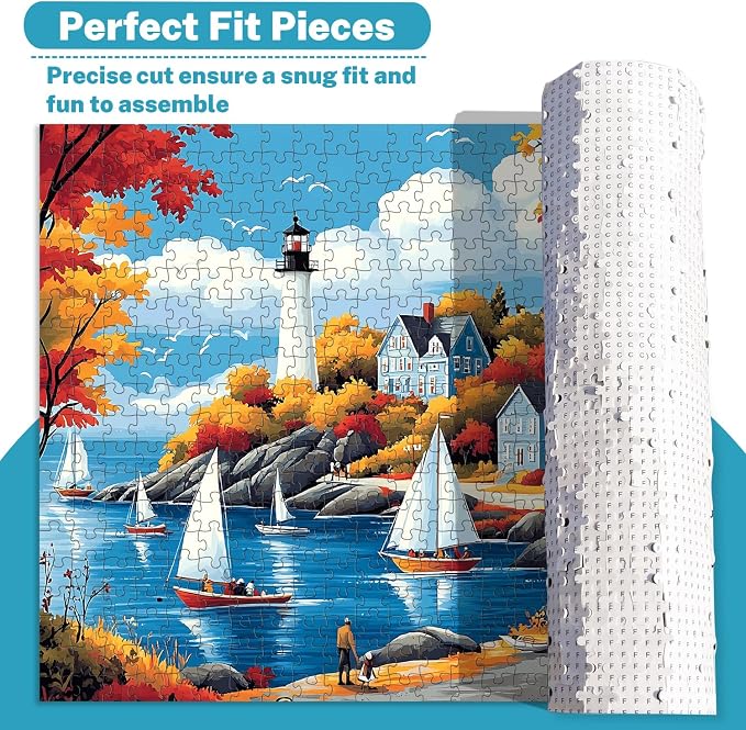 500 Piece Puzzle for Adults, Autumn Coastal Lighthouse Jigsaw Puzzle, Sailboat Harbor Village Landscape, 500 Pieces Puzzles for Adults with Letters on Back, Fall Scene Gift 20.5 x 15 in