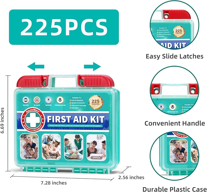 SuccorWare 225 Pieces First Aid Kit, Includes Ice Pack, Adhesive Bandages, Wound Gauze Pads, Portable First Aid Bag for Home, Car, Business, Travel, Outdoor Emergency Medical Kits