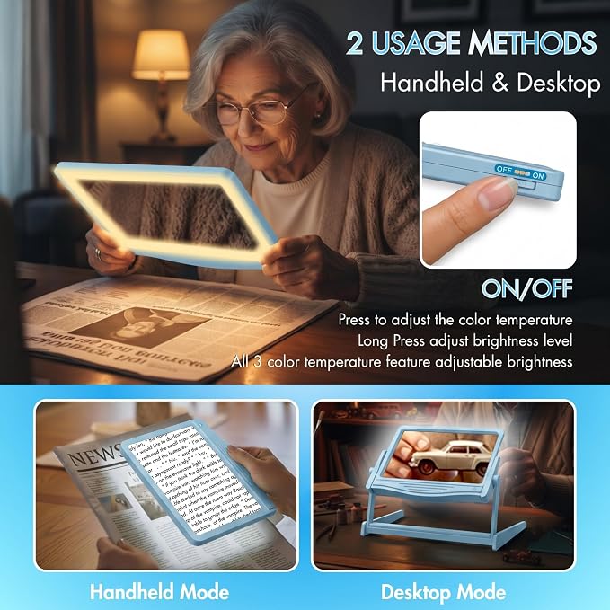 MAGNIPROS 5X Rechargeable LED Page Magnifier with Foldable Stand, Hands-Free Lighted Magnifier with 3 Color Modes, Anti-Glare Lens for Reading Small Print, Low Vision, Seniors, Crafts