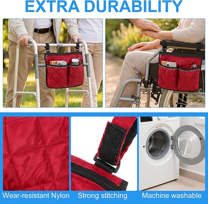 Walker Bag for Folding Walker Walker Basket with Reflective Safety Strips Foldable Wheelchair Storage Bag with 2 Adjustable Straps for Night Visibility Seniors Elderly (Claret)