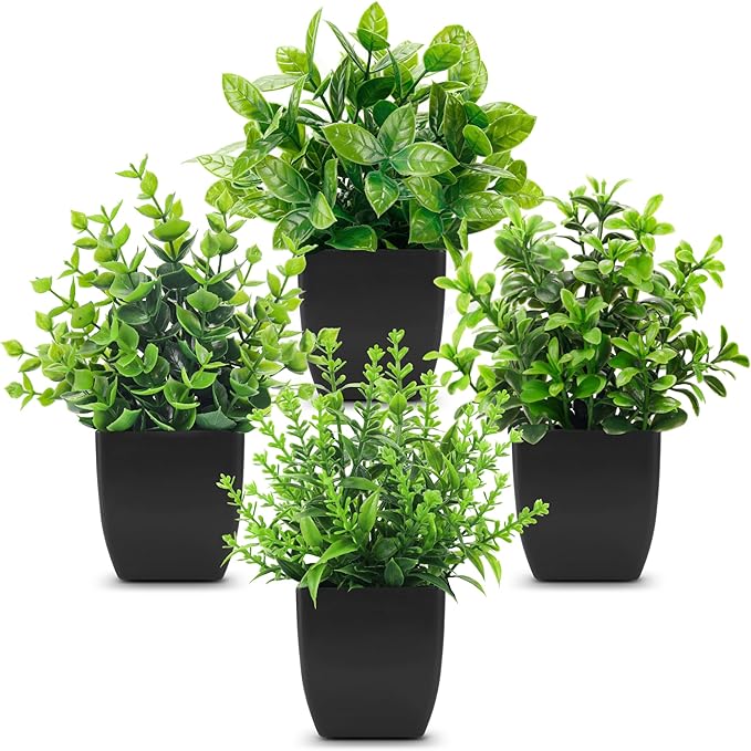Der Rose 4 Pack Black Bathroom Decor Fake Plants Mini Artificial Greenery Potted Plants for Halloween Decor Indoor Office Table Room Farmhouse Decor