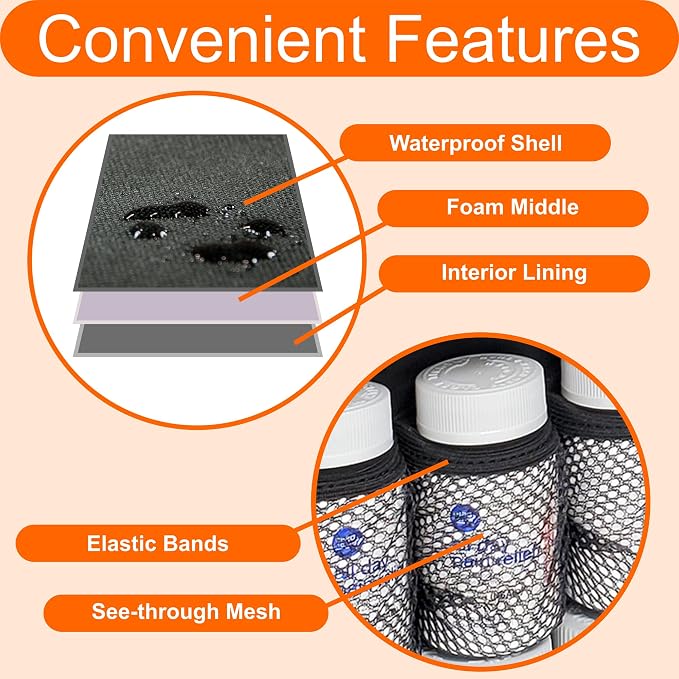 Large Pill Bottle Organizer & Medicine Bag, 2-Pack, Black | Bulk pack of padded prescription bottle organizers and medicine bags with fixed pockets for travel or home use