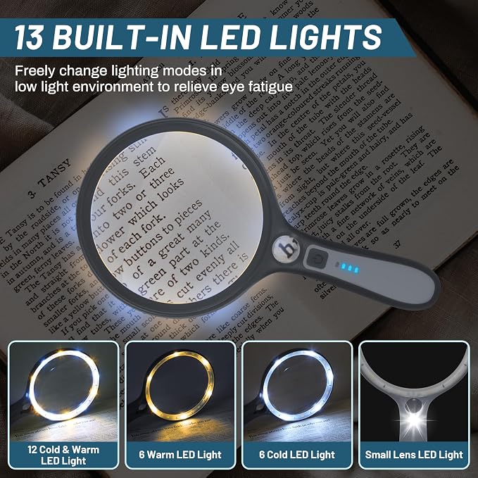 Large Magnifying Glass with Light: 5IN Lighted Handheld Illuminated Magnifier with 13 LED Lights 3 Modes, 1150mAh Rechargeable Magnifying Lens Gift for Seniors Reading Coins Close Work-Grey+White