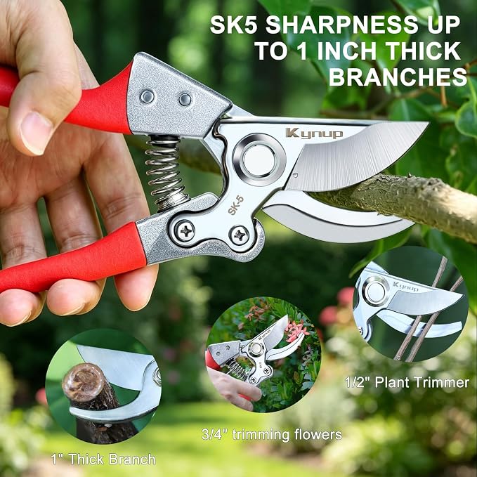 Kynup 8.6" Professional Pruning Shears for Gardening, SK5 Stainless Steel Garden Hand Pruners for Heavy Duty Clean Cuts 4X Easier, Garden Scissors for Arthritis Left Handed, Secure Safety Lock