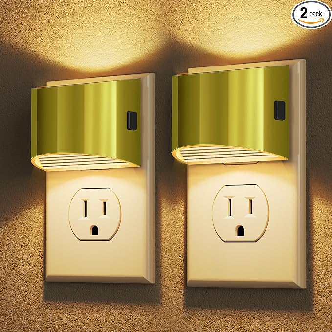 DORESshop LED Night Light[2 Pack], Night Lights Plug into Wall, 3 Level Brightness Adjustable Plug in Night Light, Dusk to Dawn Sensor, Nightlights for Adults, Bedroom, Bathroom, 3000K, Golden Cover