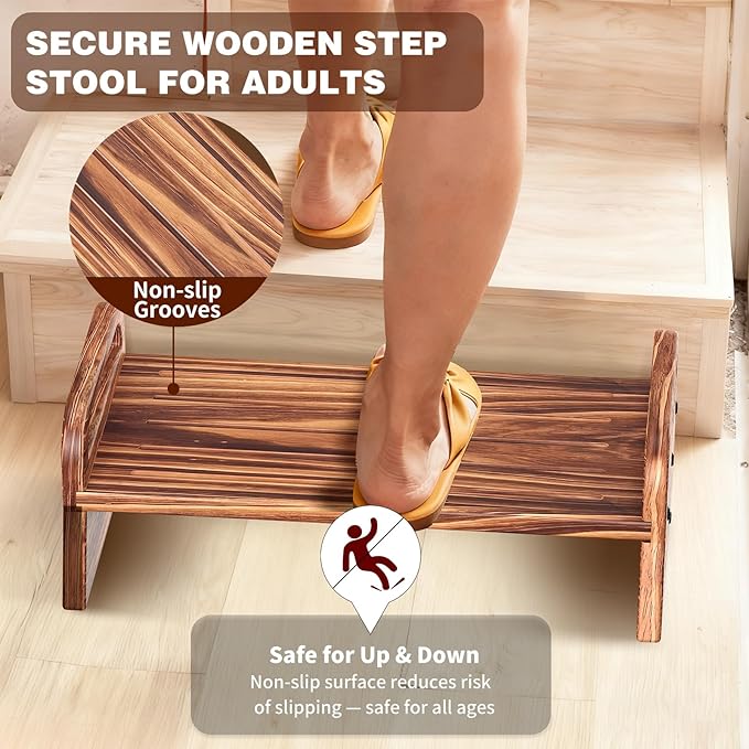 5.0in Height Wooden One Step Stool with Two Handles, Solid Pine Wood Step Stool for Kids Seniors Adults, Portable Use for High Bed, Kitchen & Bathroom.