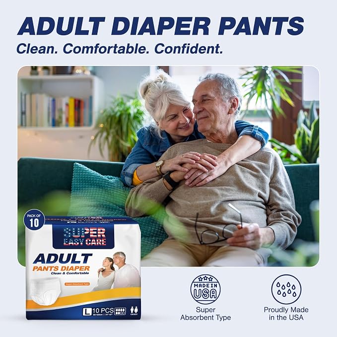 Super Easy Adult Diapers Pack of 10 | Disposable Incontinence Underwear for Men & Women | Leakproof, High Absorbency, Soft & Comfortable Day & Night Protection