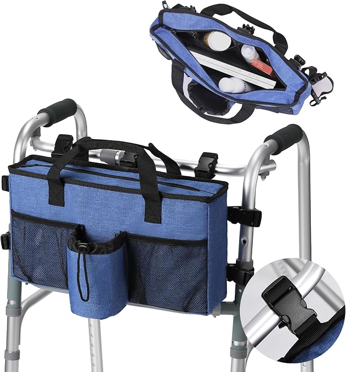 Walker Accessories for Folding Walker with Cup Holder,Pocket, Organizer Carry Storage Pouch Bag Buckle (Blue)