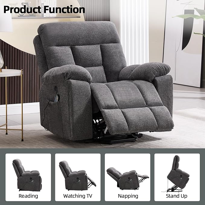 Large Power Lift Recliner Chair with Massage and Heat for Elderly Big and Tall People, Overstuffed Wide Recliners with 2 Cup Holders, Side Pocket and USB Port, Dark Grey