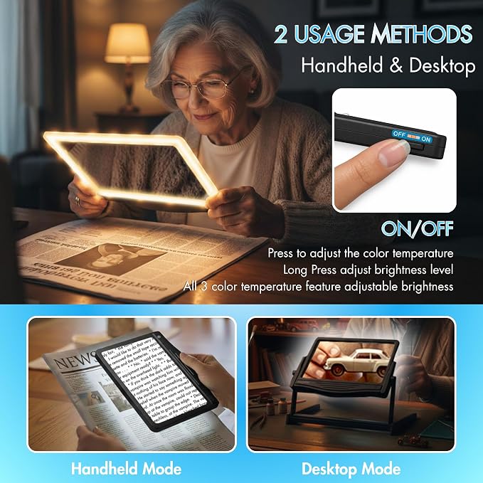 MAGNIPROS 5X Rechargeable LED Page Magnifier with Foldable Stand, Hands-Free Lighted Magnifier with 3 Color Modes, Anti-Glare Lens for Reading Small Print, Low Vision, Seniors, Crafts