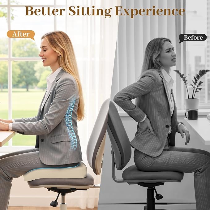 TranquilRelax Memory Foam Seat Cushion for Office Chair, 3-Inch, Khaki | Medium-firm Support for Long Sitting, Washable Mesh Cover, Non-slip Base, Perfect for Car Seats & Short Drivers