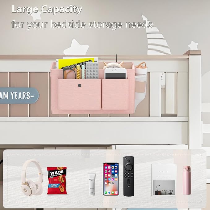 Bedside Caddy Bedside Storage Hanging Organizer for Bunk Dorm Bed Rail | Bed Caddy with Hooks, Top Bunks and Dorm Essentials for Water, Tissues, Tablets, Books, Phones, Remotes and Other Necessories