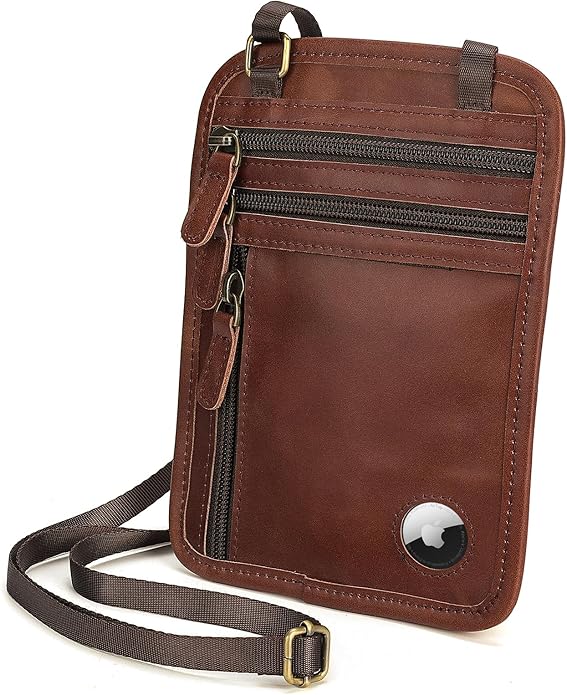 Polare Full Grain Leather Neck Wallet RFID Blocking Conceal Passport Holder Travel Pouch with AirTag Slot for Men