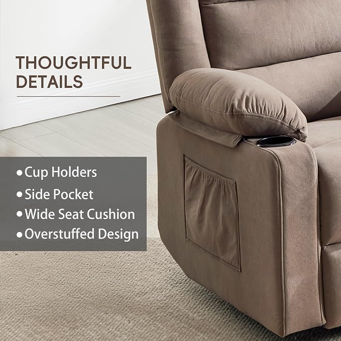 Ketaiyou Swivel Rocker Recliner Chair for Adults with Massage and Heat, Cup Holders and Side Pockets, Glider Rocking Reclining Single Sofa Chair for Living Room (Mocha2)