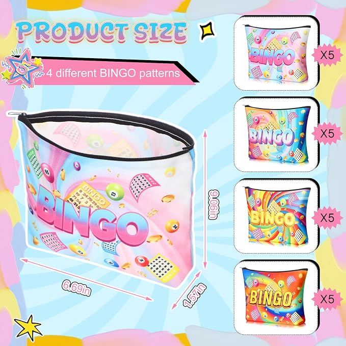20 Pcs Bingo Gifts for Women Bingo Makeup Bags Dice Game Makeup Bags Casino Lover Gifts Travel Zipper Pouch Dice Game Present Birthday Present for Women Players