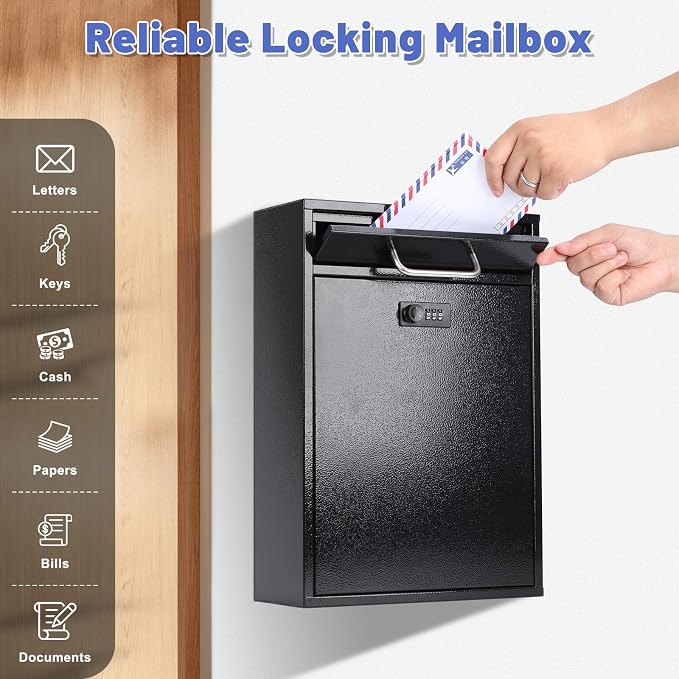 KYODOLED Wall Mount Mailbox for Outside, Combination Lock, X Large, Black | Sturdy Steel, Anti-theft Large Drop Box, Ideal for Home, Office, School Daily Mail/Key/Cash Storage, 16.2H" x 11.2L" x 4.6W"