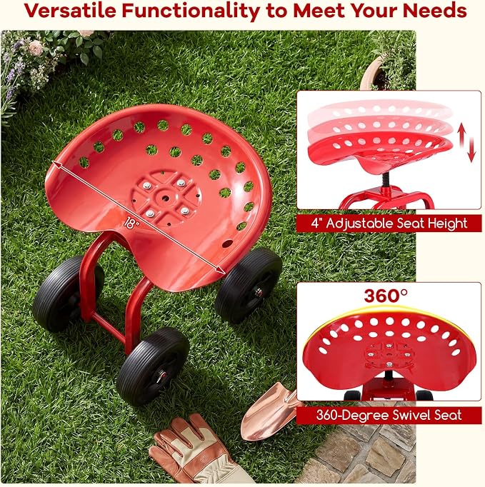 Goplus Garden Cart with Wheels, Utility Stool Cart w/Adjustable 360 Degree Swivel Seat, Outdoor Lawn Yard Rolling Work Seat, Garden Scooter for Planting (Red)