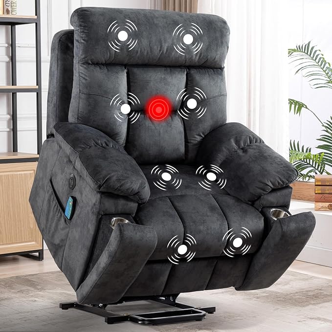 Large Power Lift Recliner Chair with Massage and Heat for Elderly Big and Tall People, Overstuffed Wide Recliners with 2 Cup Holders, Side Pocket and USB Port, Grey